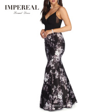 Tight Bodice Fishtail Spaghetti Straps Digital Print Long Black White Evening Dress